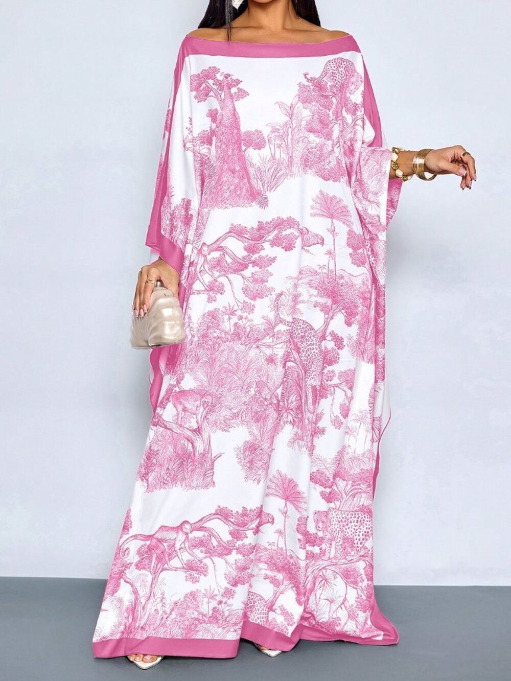 Pink Boho Women's Maxi Dress with Cape Shawl, Floral Print, Batwing Sleeves - Picture 5 of 6